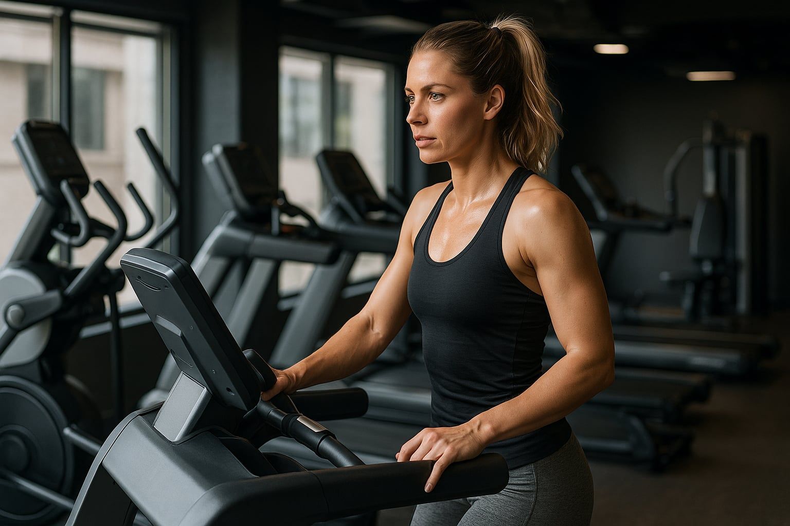 Mujer corriendo en cinta de correr en el gimnasio, realizando ejercicio cardiovascular para quemar grasa y perder peso de forma saludable