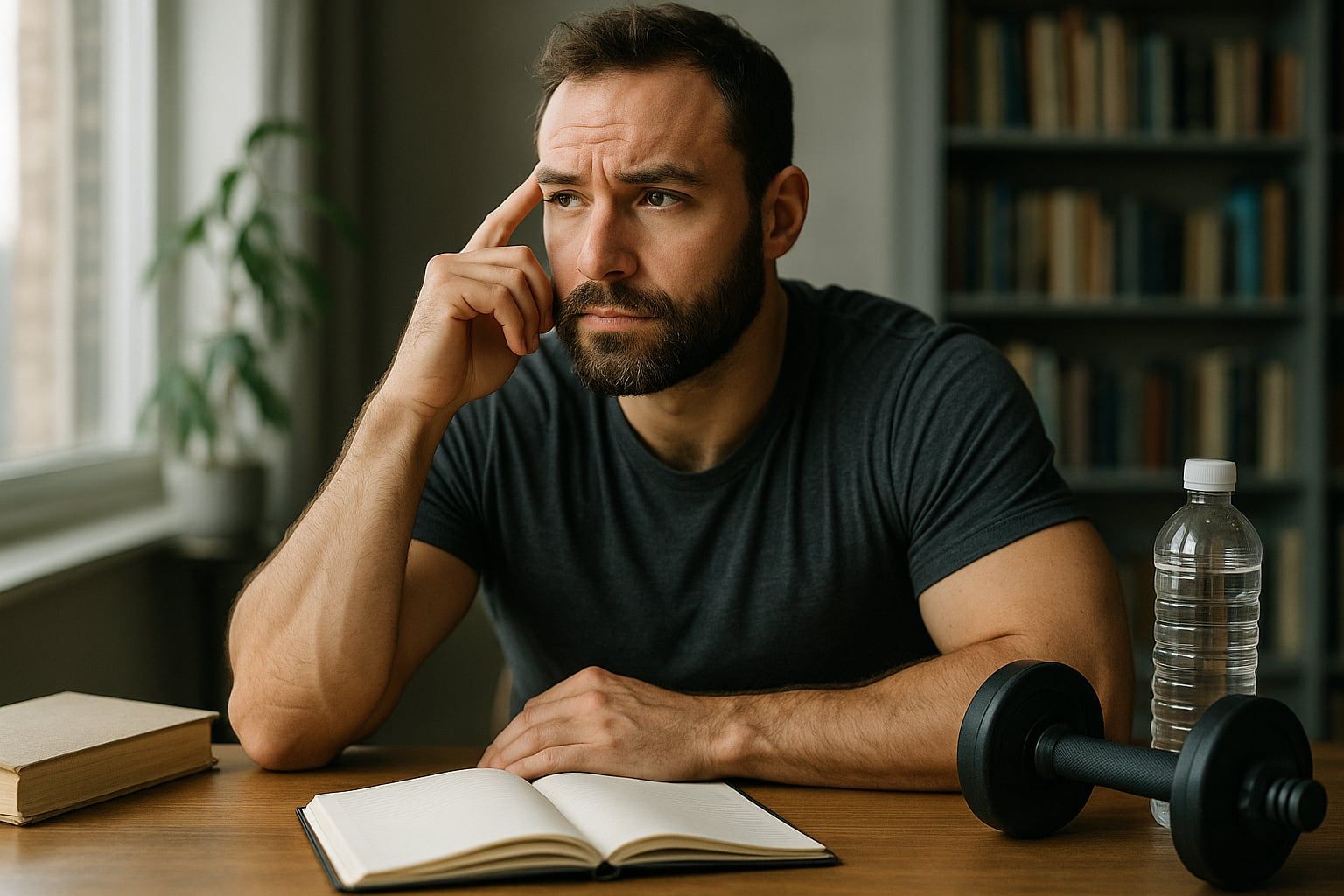 Hombre con gorra y camiseta roja mirando hacia el horizonte en una playa al atardecer, con el mar y el cielo azul de fondo.