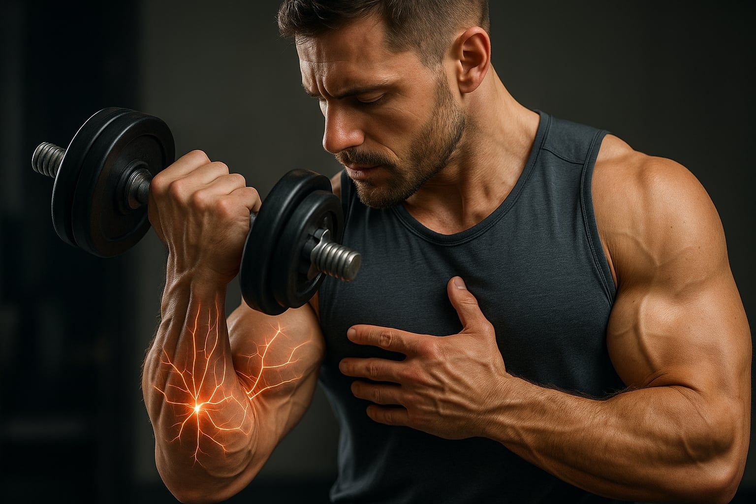 Atleta concentrado realizando ejercicio de bíceps con mancuerna, mostrando la importancia de la conexión mente-músculo en el entrenamiento