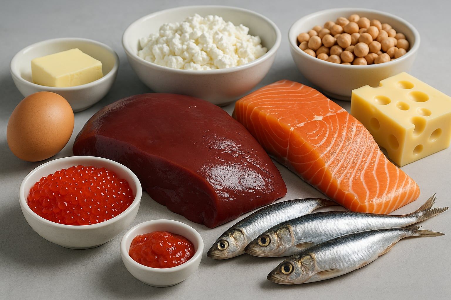 Alimentos ricos en vitamina B12 como pescado, carne, huevos y lácteos dispuestos en una mesa