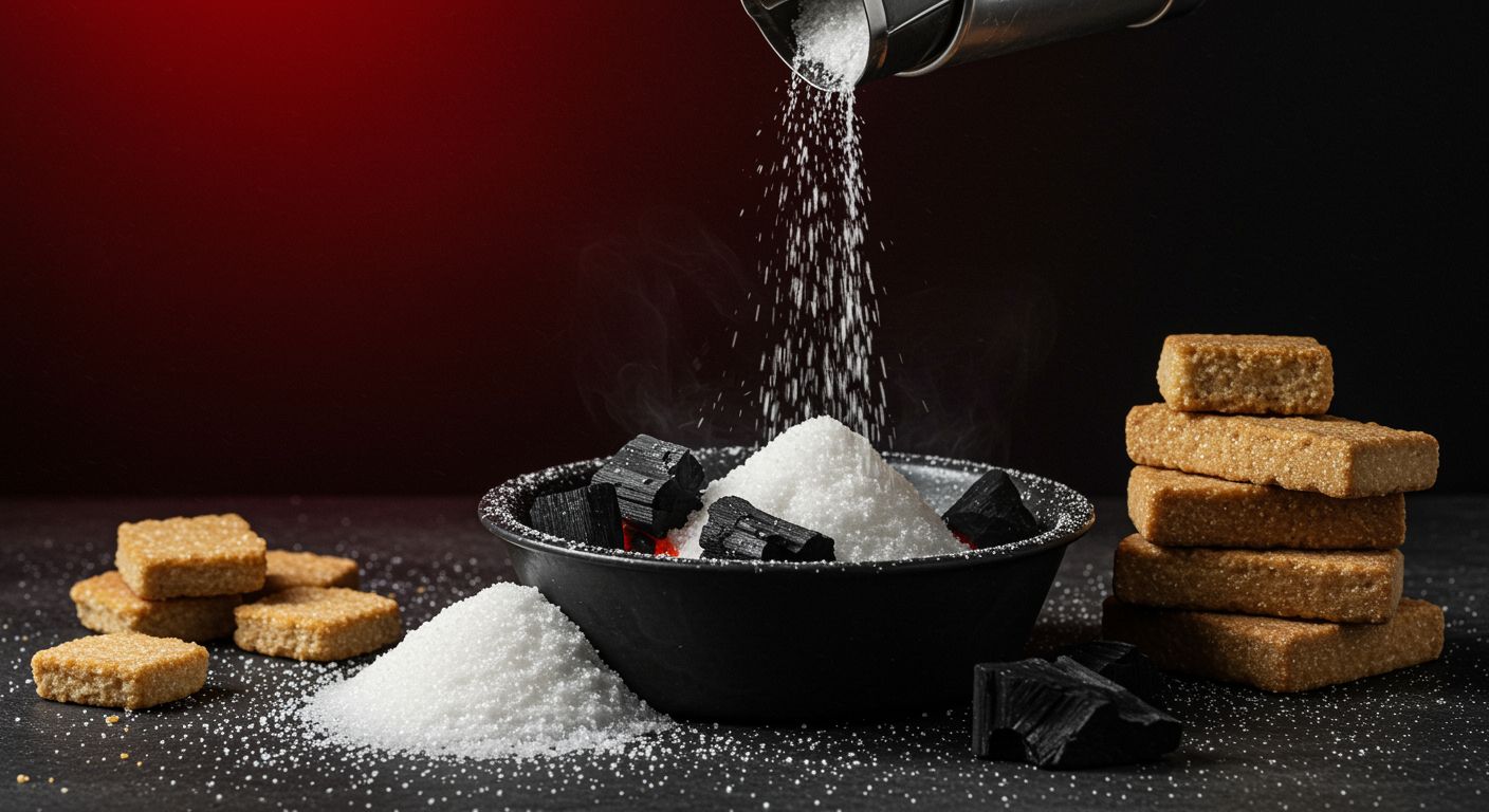 Cucharas llenas de azúcar blanco sobre una mesa de cocina, simbolizando el veneno oculto en la despensa.