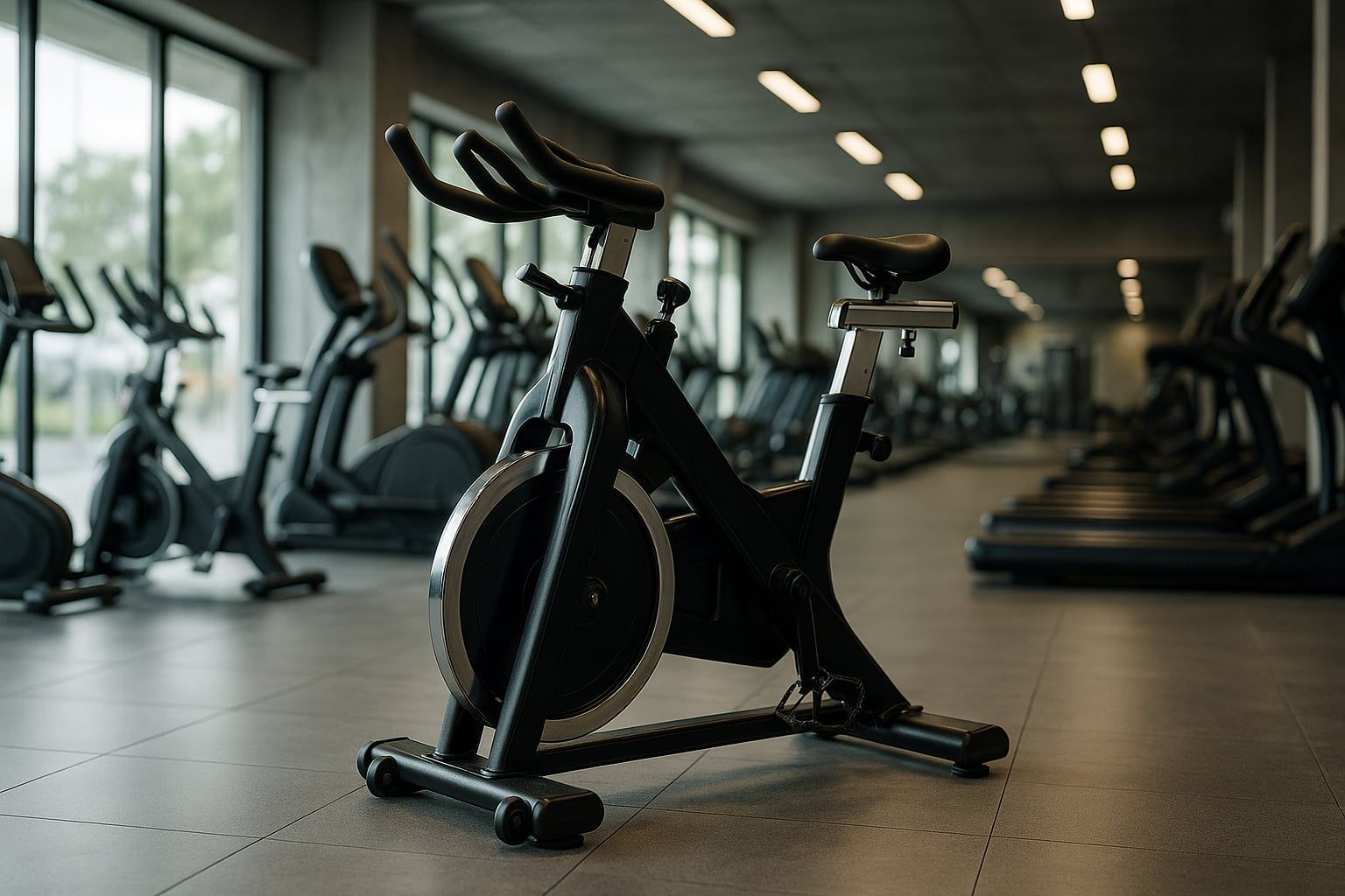 Bicicleta de spinning en un gimnasio moderno, ejercicio cardiovascular intenso para quemar calorías y fortalecer piernas y glúteos